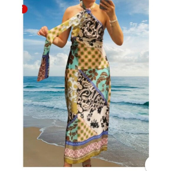 Zara Women Midi Dress Small Multicolor Satin Effect Patchwork Print 8826/181 NWT - Picture 1 of 16